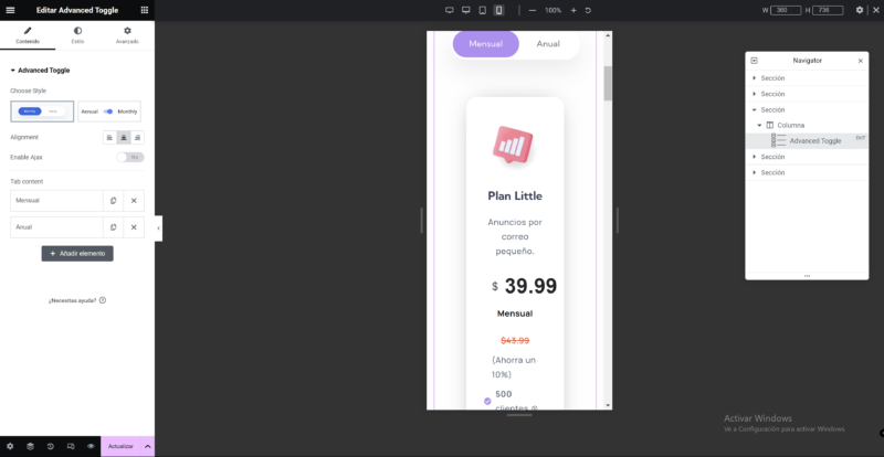 Antes de Optimizar pagina de precios para moviles en Elementor