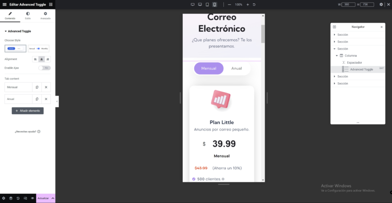 Despues de Optimizar pagina de precios para moviles en Elementor