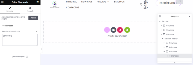 Shortcode Elementor GTranslate