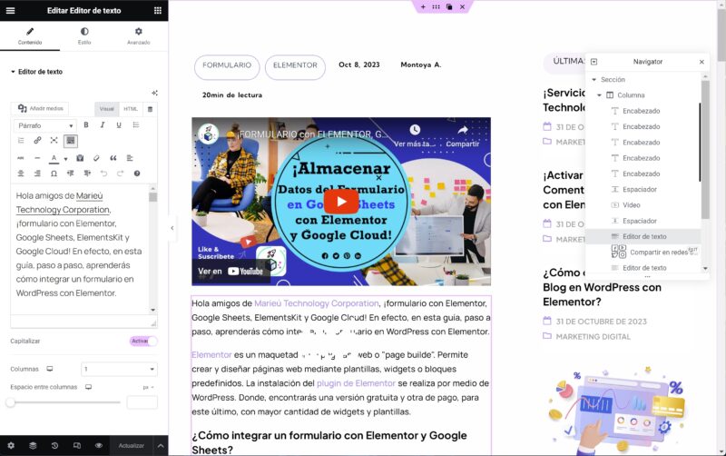 Blog Integrar un formulario con Elementor y Google Sheets Marieu scaled