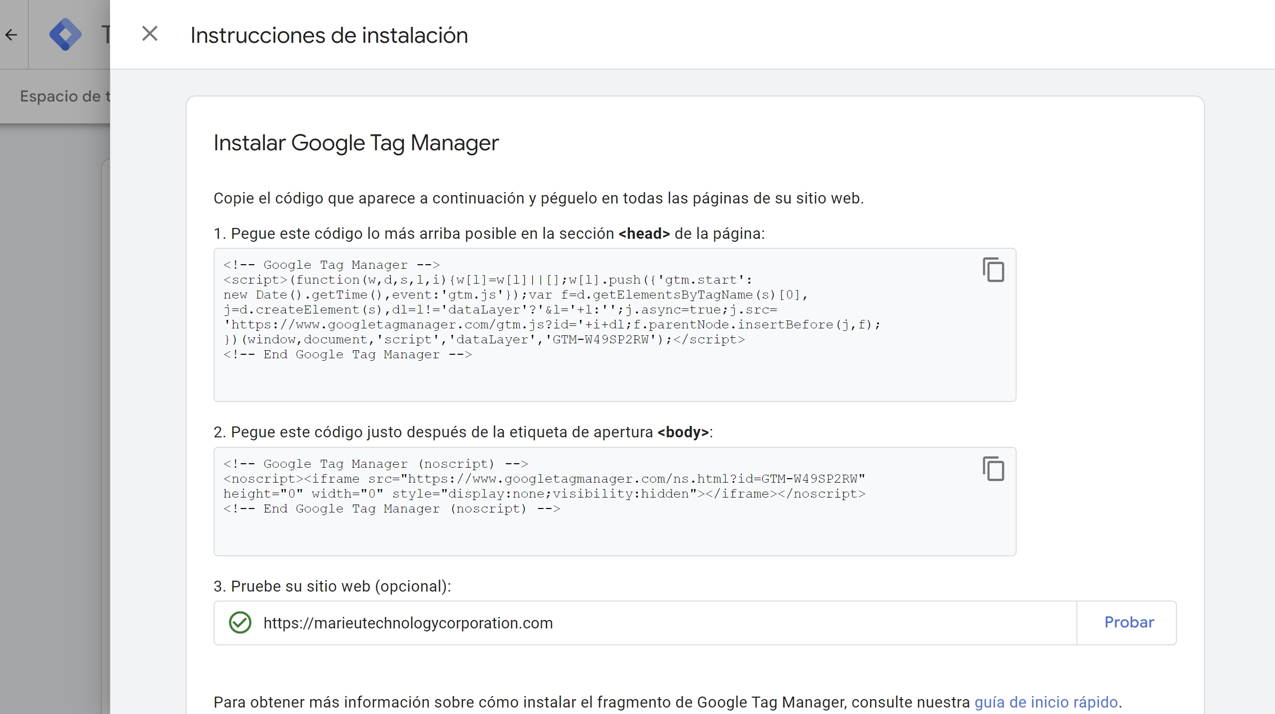 Prueba de Instalacion Google Tag Manager en Marieu Corp